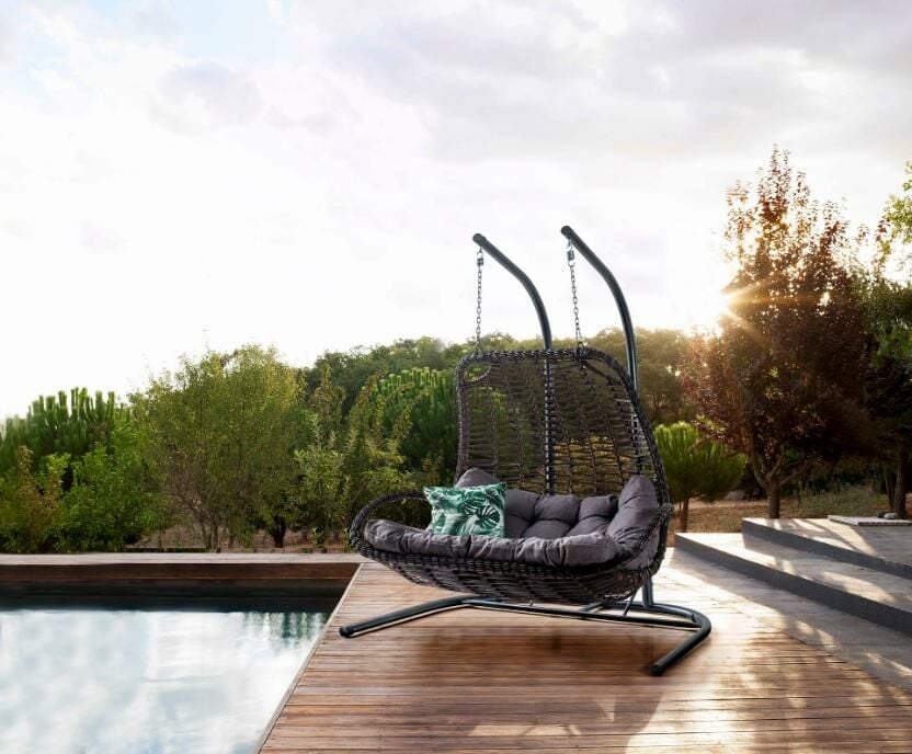 Komfor Swing Salıncak Kahve Rattan Gri Kumaş